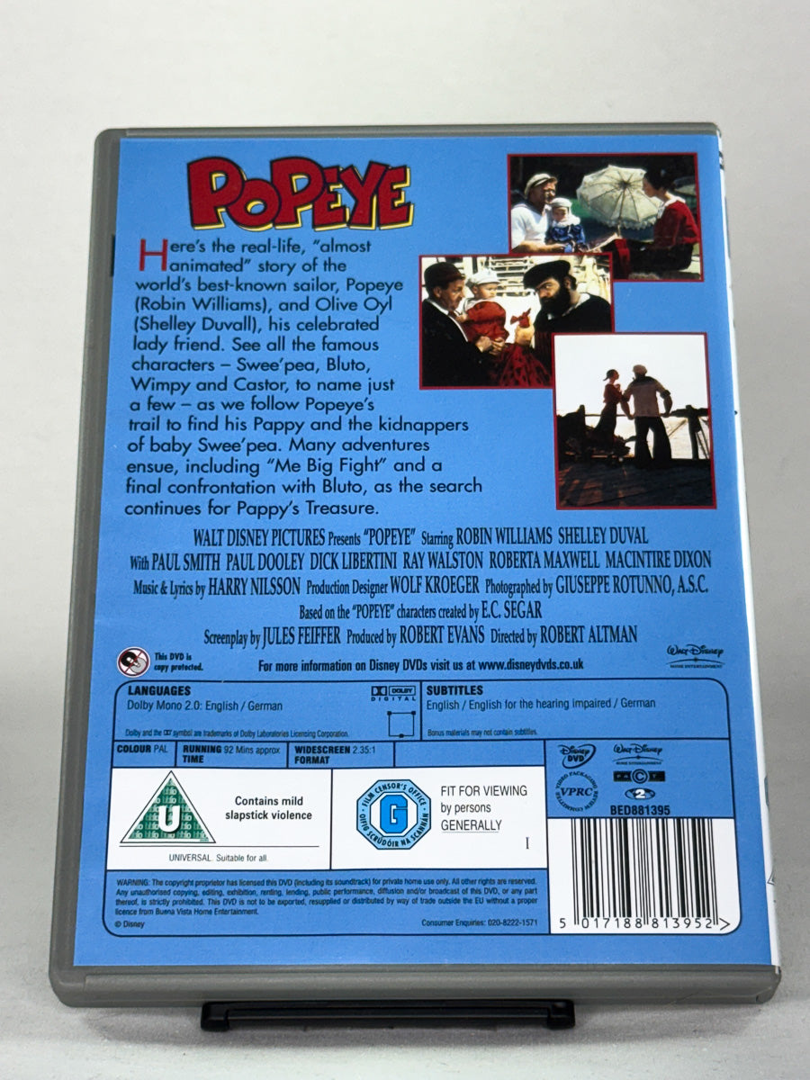 DVD-bakside til filmen Popeye
Baksiden viser info, spesifikasjoner og eventuell ekstratekst – produktbilde fra nettbutikken Brukbar Film
