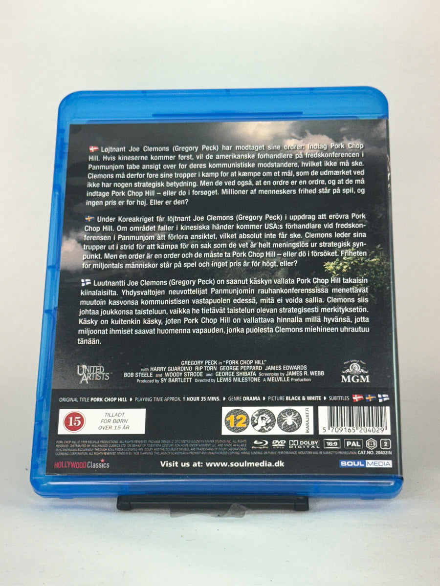 Bakside av Blu-ray-cover til Pork Chop Hill – intens klassisk krigsfilm med Gregory Peck i hovedrollen, brukt Blu-ray hos Brukbar Film.