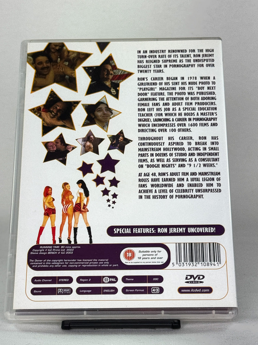 Bakside av DVD-cover til Pornstar: The Legend of Ron Jeremy med detaljer om dokumentaren; brukt DVD-utgave hos Brukbar Film.