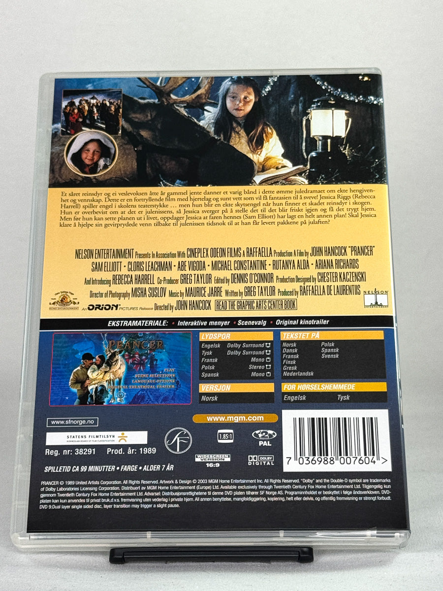 Bakside av DVD-cover til Prancer – informasjon om denne hjertevarme brukte DVD-en fra Brukbar Film