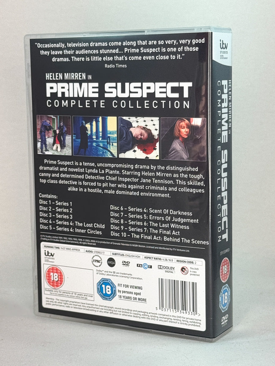 Bakside av DVD-cover til Prime Suspect: The Complete Collection – samleboks med ni episoder fordelt på ti disker, prisvinnende krimdrama på brukt DVD hos Brukbar Film.