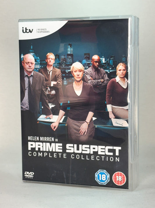 Forside av DVD-cover til Prime Suspect: The Complete Collection – britisk krimserie med Helen Mirren som etterforsker Jane Tennison, komplett boks på brukt DVD hos Brukbar Film.