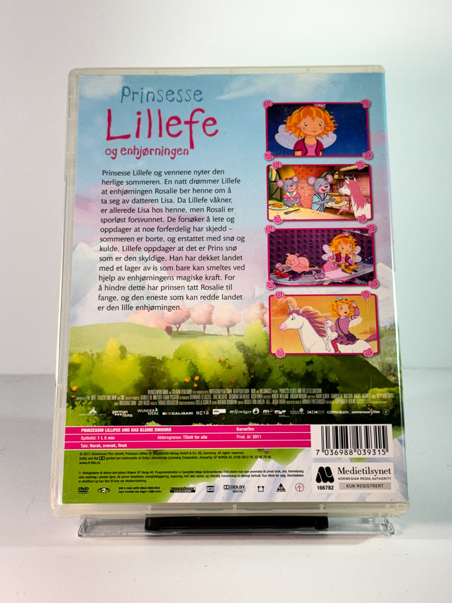 Bakside av cover til prinsesse lillefe og enhjorningen, brukt original DVD hos Brukbar Film