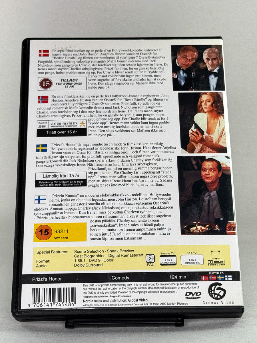 Bakside av DVDcover til Prizzi’s Honor – brukt Oscar-belønnet klassiker på DVD, tilgjengelig hos Brukbar Film