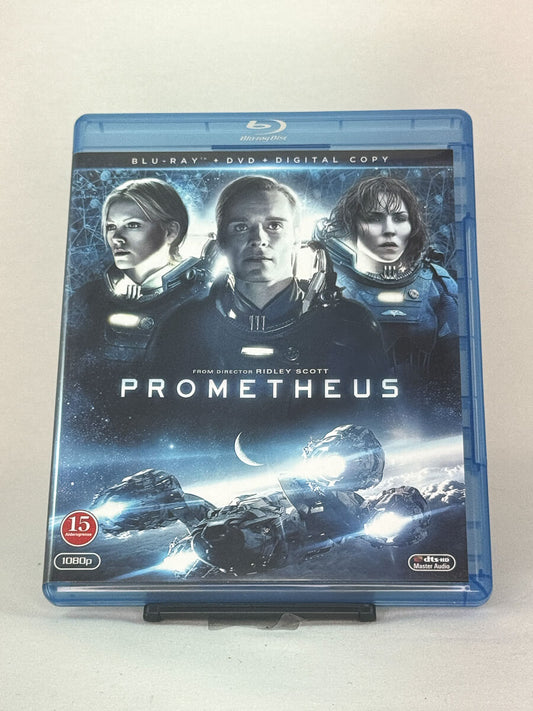 Forside av Blu-ray-cover til Prometheus – Ridley Scotts visuelt slående sci-fi-eventyr fra Alien-universet, brukt film hos Brukbar Film.