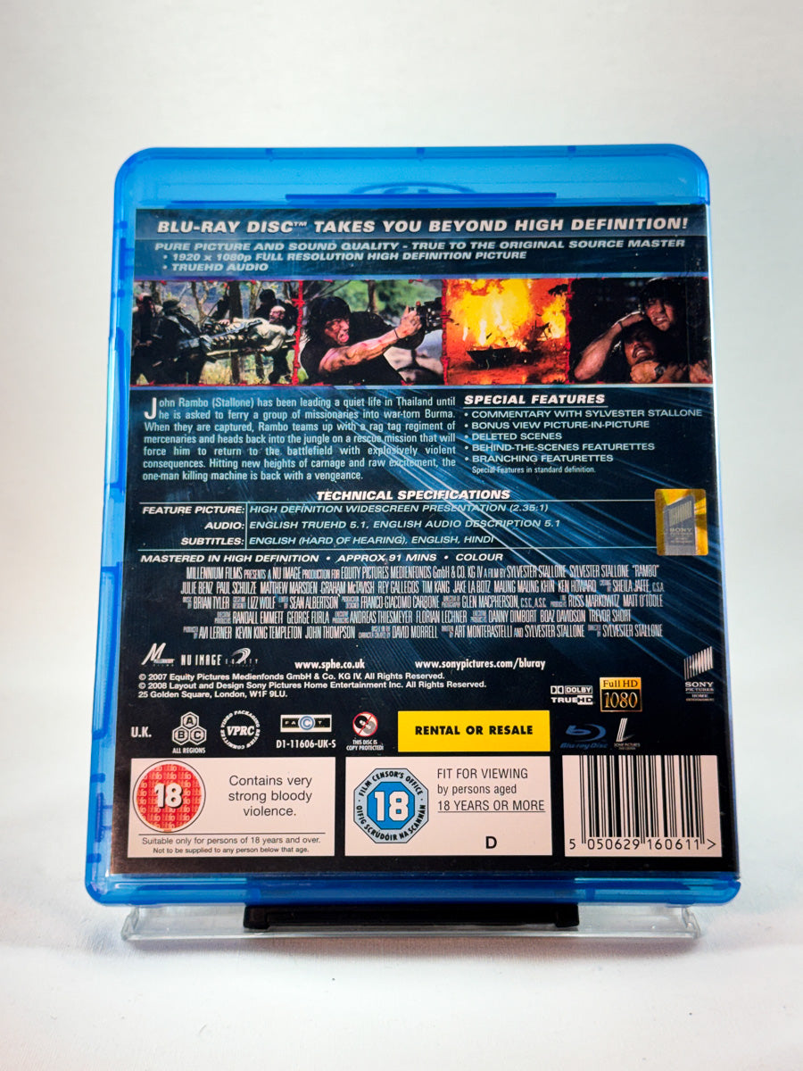 Bakside av Blu-ray-cover til Rambo, bruktfilm på Blu-ray hos Brukbar Film