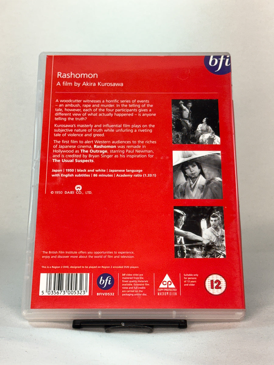 Bakside av DVD-cover til Rashomon, bruktfilm hos nettbutikken Brukbar Film