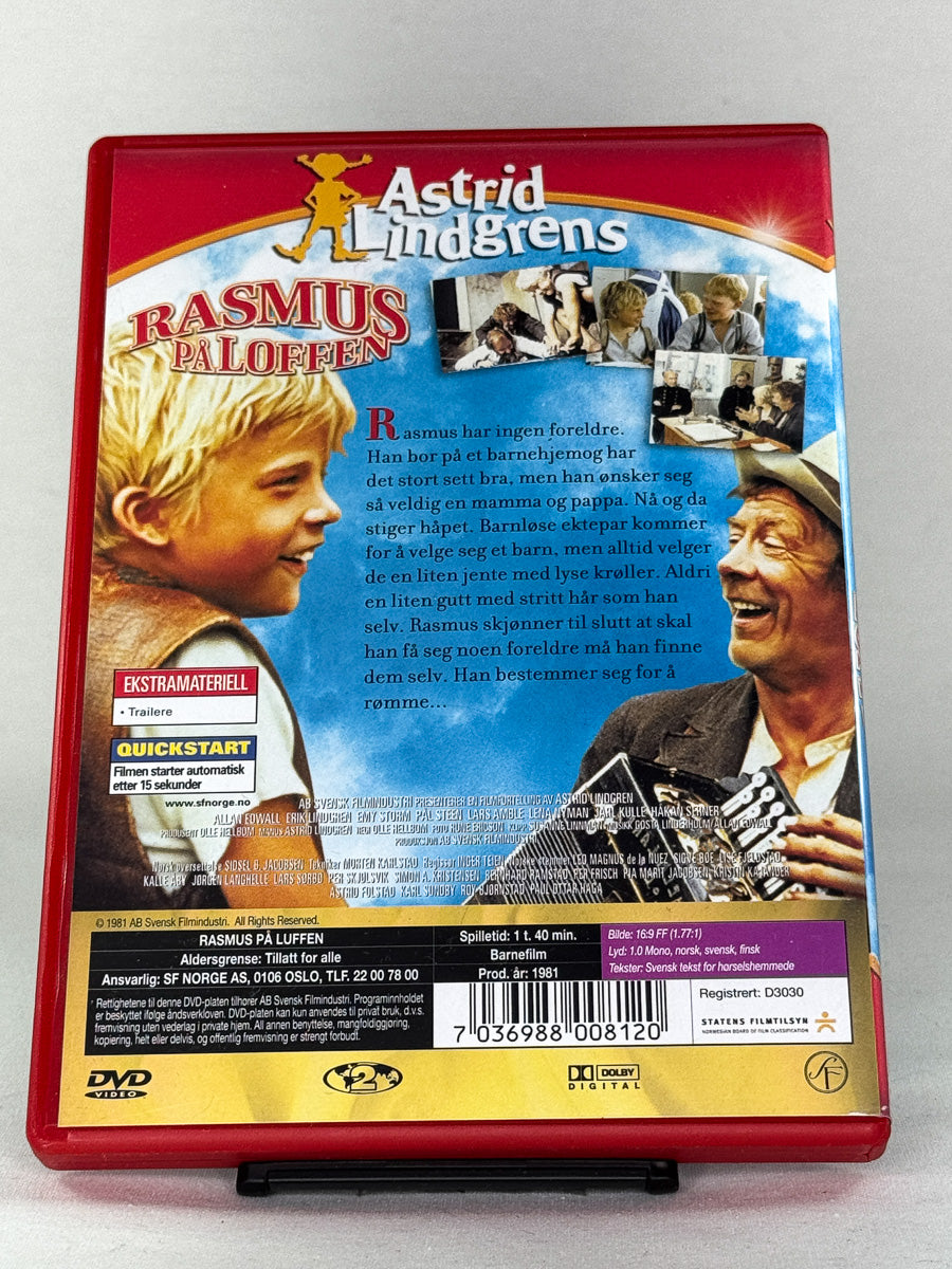 DVD-bakside til filmen Rasmus på loffen
Baksiden viser info, spesifikasjoner og eventuell ekstratekst – produktbilde fra nettbutikken Brukbar Film