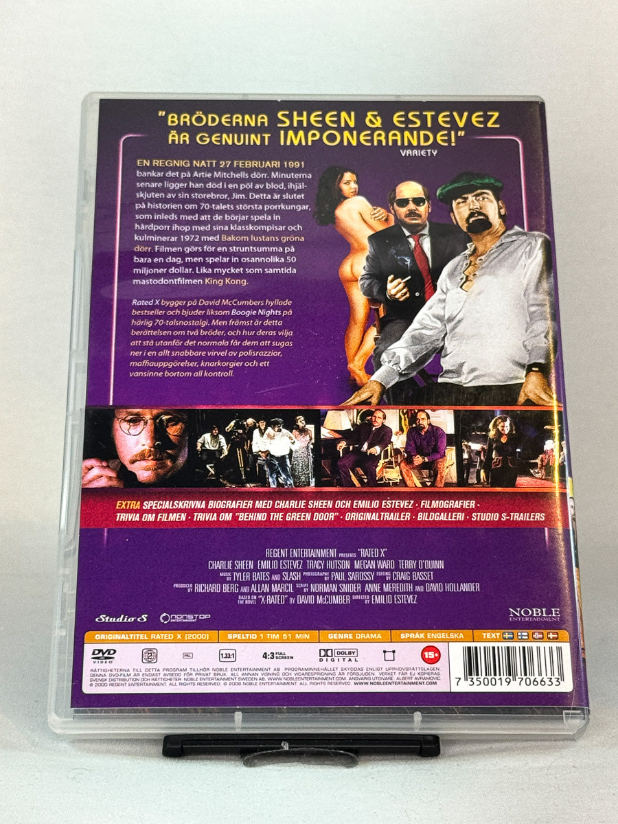 Bakside av DVD-cover for Rated X – usensurert biografisk drama om bransje, makt og fall, brukt DVD hos Brukbar Film.