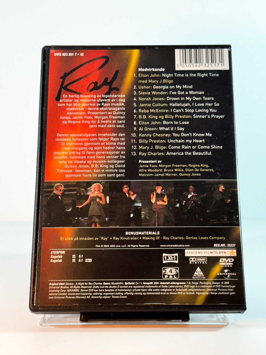 Bakside av cover til ray genius a night for ray charles, bruktfilm hos nettbutikken Brukbar Film