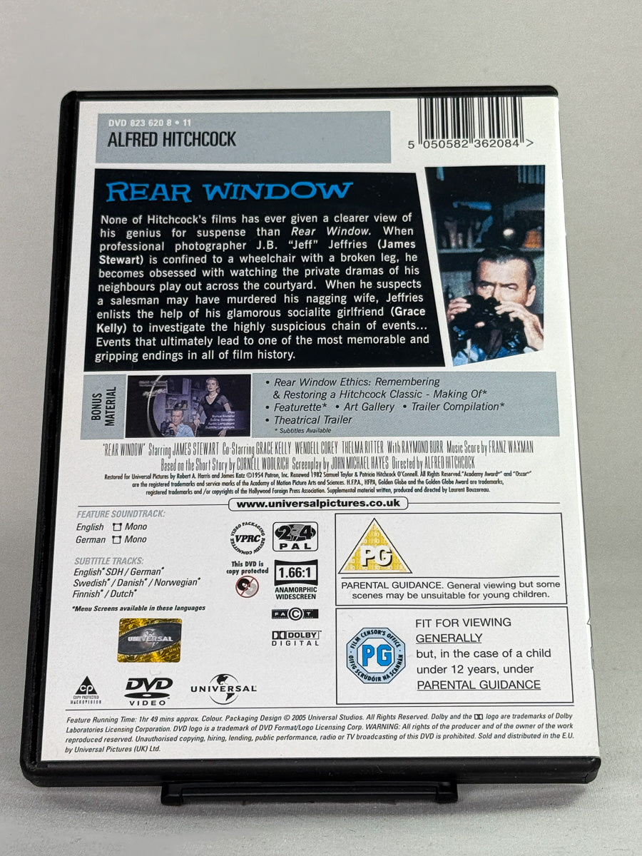 Bakside av DVD-cover for filmen Rear Window – brukt originalfilm på DVD, Hitchcock-klassiker, hos Brukbar Film