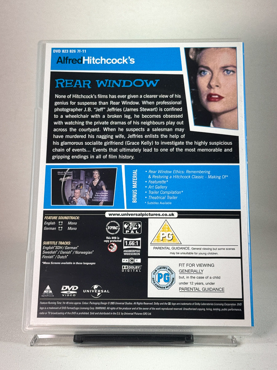 Bakside av DVD-cover for Rear Window – tidløs thriller med spennende blikk på nabolaget, brukt DVD hos Brukbar Film.