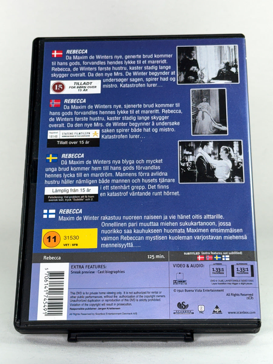 Bakside av DVD-cover for filmen Rebecca – brukt originalfilm på DVD, romantisk thriller av Alfred Hitchcock, hos Brukbar Film