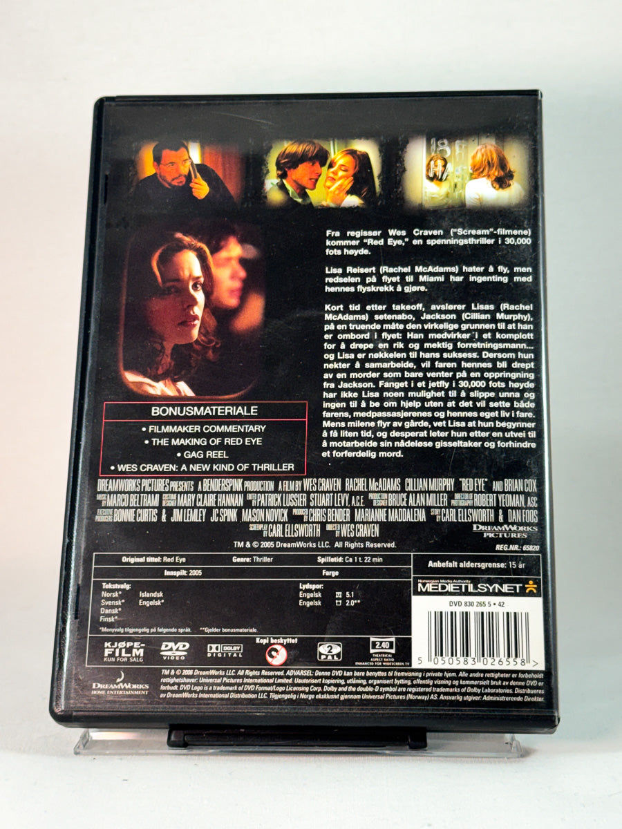 Bakside av cover til Red Eye, brukt DVD hos Brukbar Film