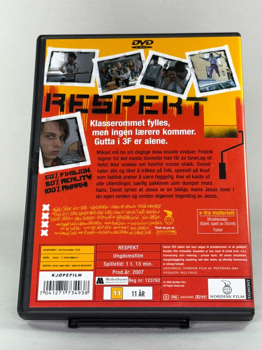 DVD-bakside til filmen Respekt
Baksiden viser info, spesifikasjoner og eventuell ekstratekst – produktbilde fra nettbutikken Brukbar Film