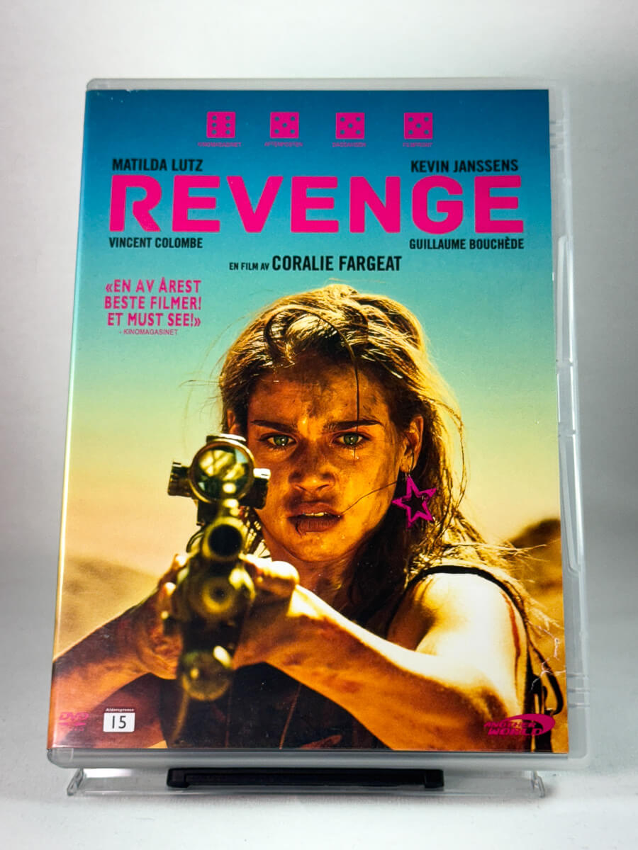 Forside av brukt DVD-film Revenge, action/thriller-cover med tydelig fargeprofil hos Brukbar Film