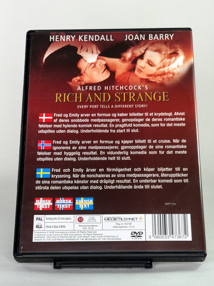 Bakside av DVD-cover for filmen Rich and Strange – brukt originalfilm på DVD, tidlig Hitchcock-produksjon, hos Brukbar Film