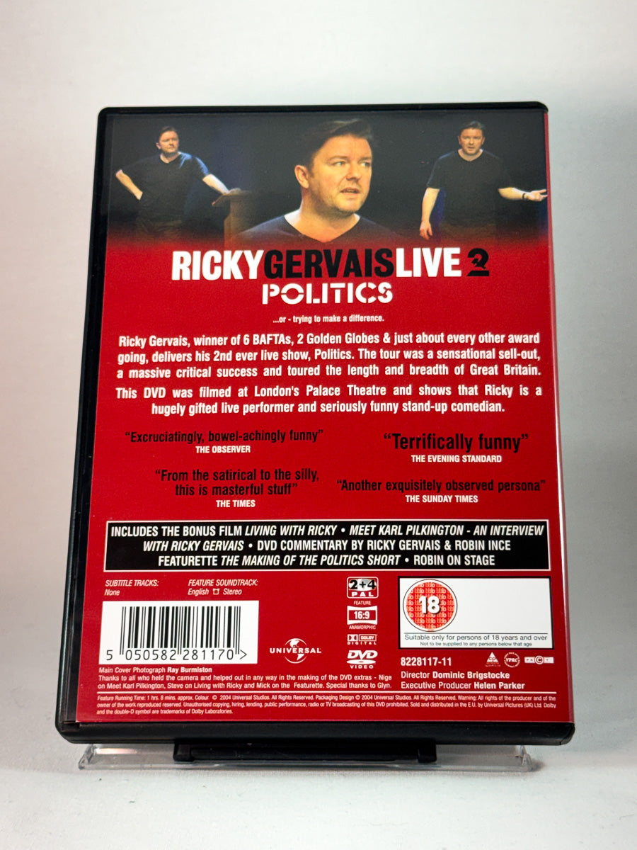 Bakside av cover til Ricky Gervais Live 2: Politics, brukt DVD hos Brukbar Film