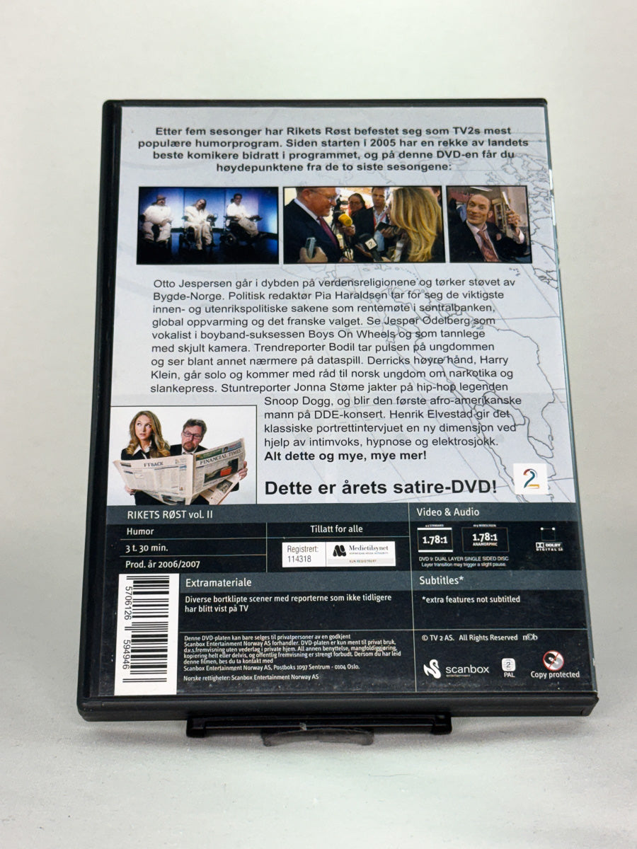 Bakside av DVD-cover for Rikets Røst Vol. 2 – humorserie fra TV 2 tilgjengelig hos Brukbar Film