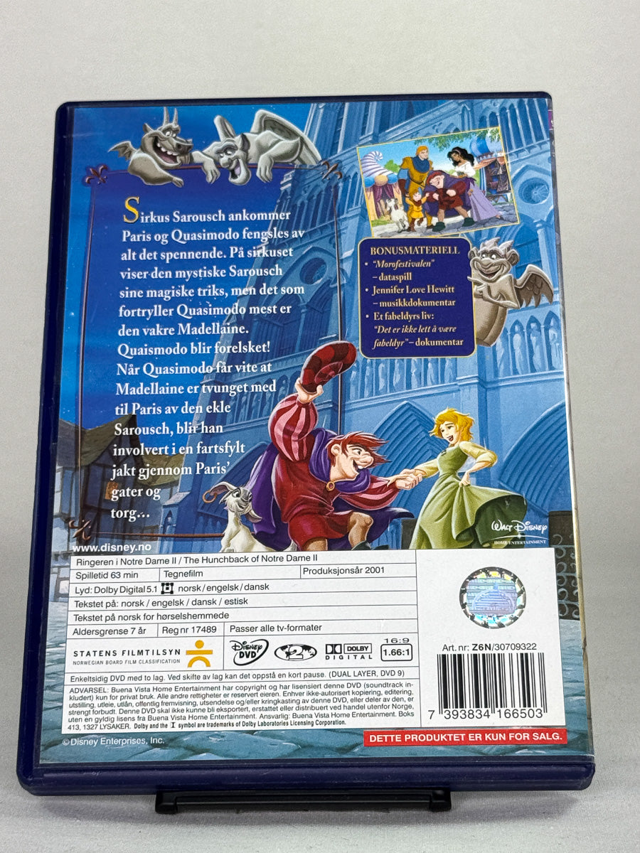 DVD-bakside til filmen Ringeren i Notre Dame II
Baksiden viser info, spesifikasjoner og eventuell ekstratekst – produktbilde fra nettbutikken Brukbar Film