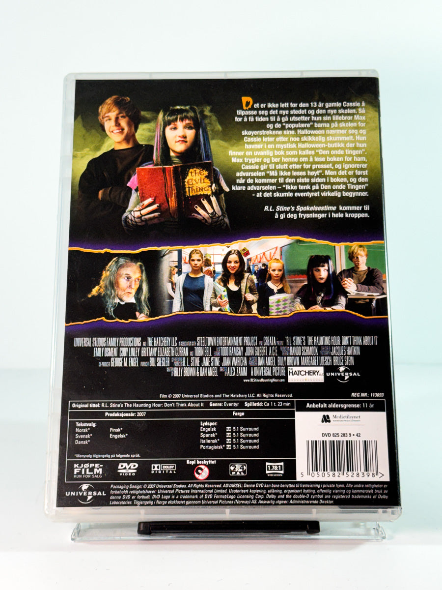 Bakside av cover til r.l. stine’s spøkelsestimen: ikke tenk på det, brukt DVD hos Brukbar Film