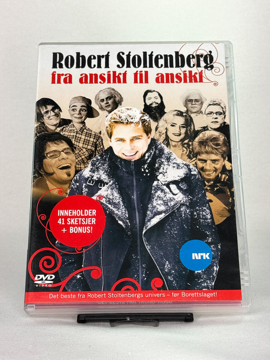 Forside av DVD-cover til Robert Stoltenberg – Fra ansikt til ansikt – humorutgivelse med 41 sketsjer, brukt originalfilm hos Brukbar Film