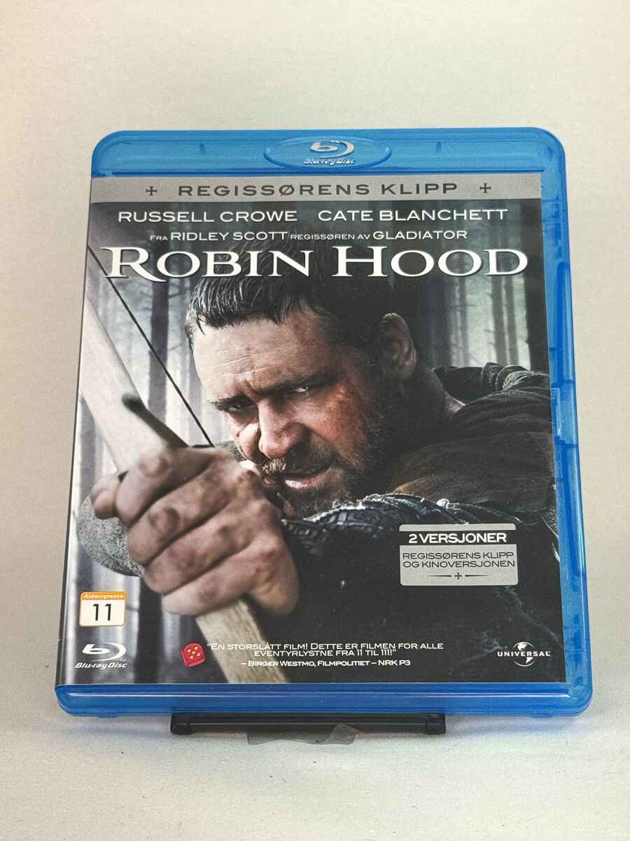 Forside av Blu-ray-cover til Robin Hood – Ridley Scotts actioneventyr med Russell Crowe og Cate Blanchett, brukt film hos Brukbar Film.