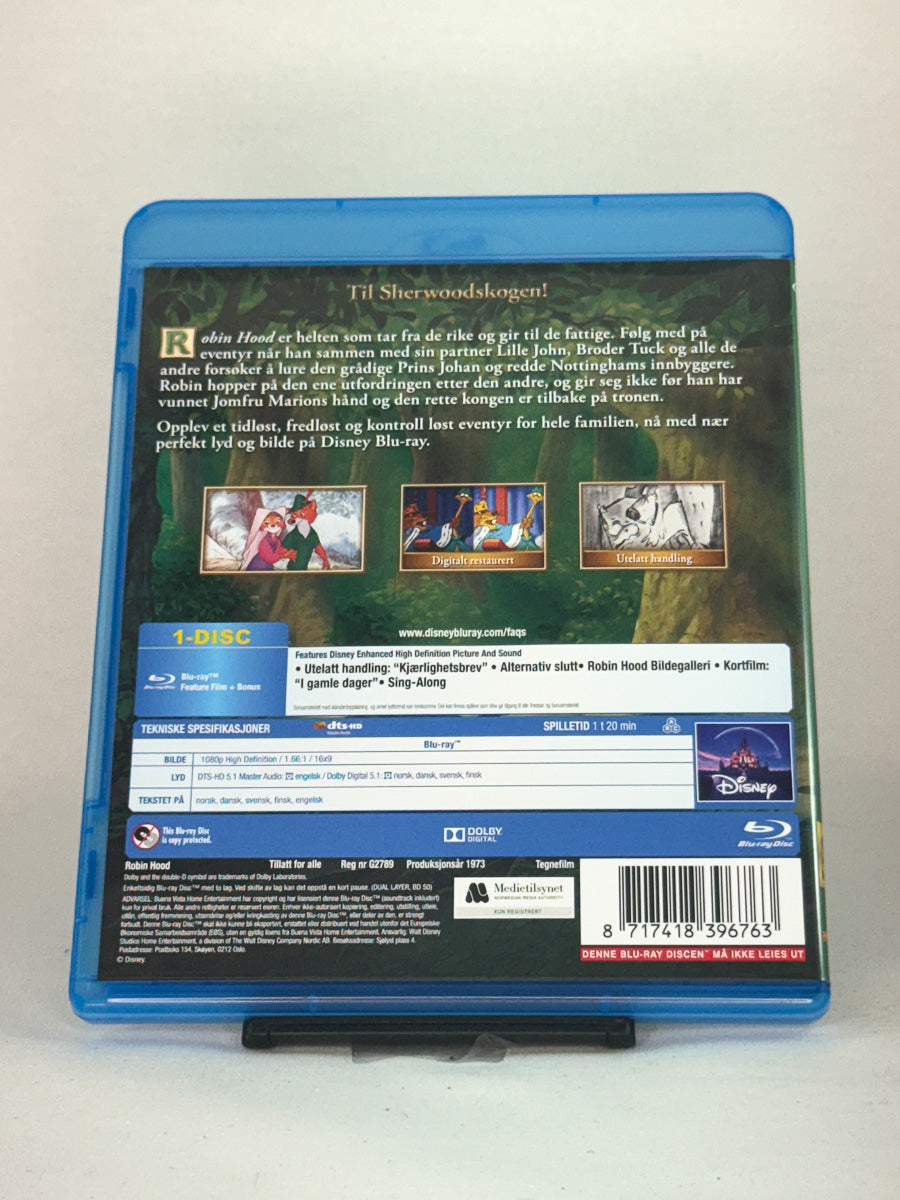 Bakside av Blu-ray-cover for Robin Hood – brukt original Disney klassiker på Blu-ray, tilgjengelig hos Brukbar Film