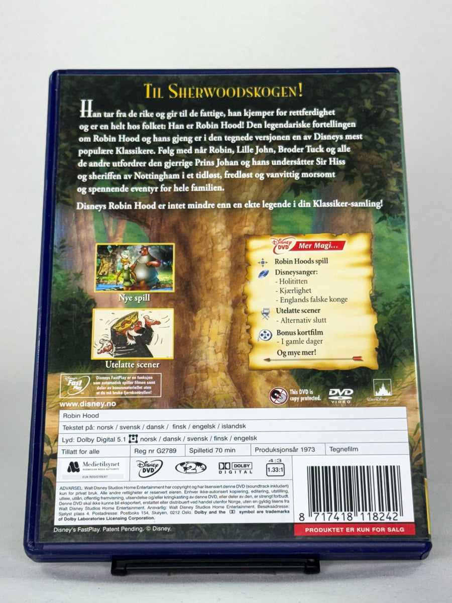 DVD-bakside til filmen Robin Hood
Baksiden viser info, spesifikasjoner og eventuell ekstratekst – produktbilde fra nettbutikken Brukbar Film