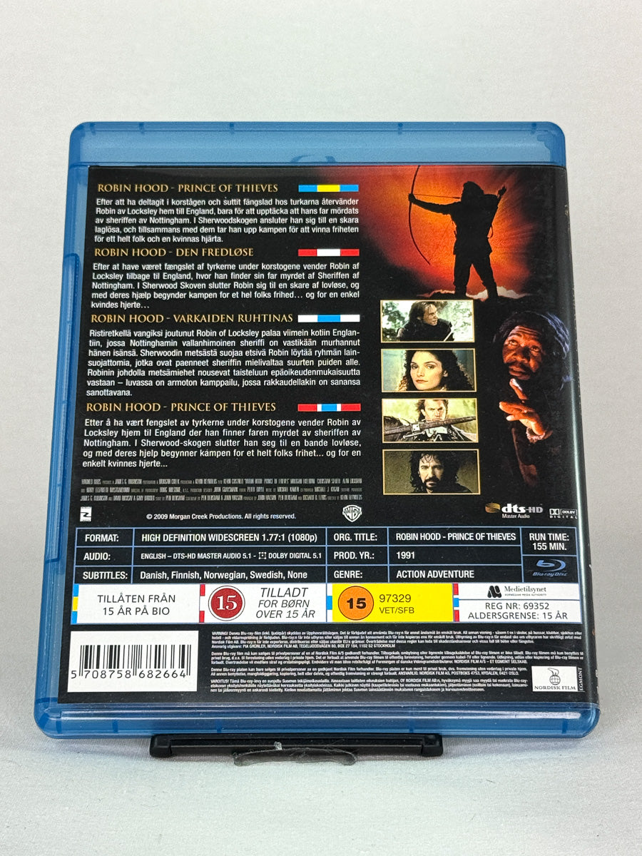 Bakside av Blu-ray-cover til Robin Hood: Prince of Thieves – original brukt Blu-ray med Kevin Costner i den legendariske rollen som lovløs helt, hos Brukbar Film.