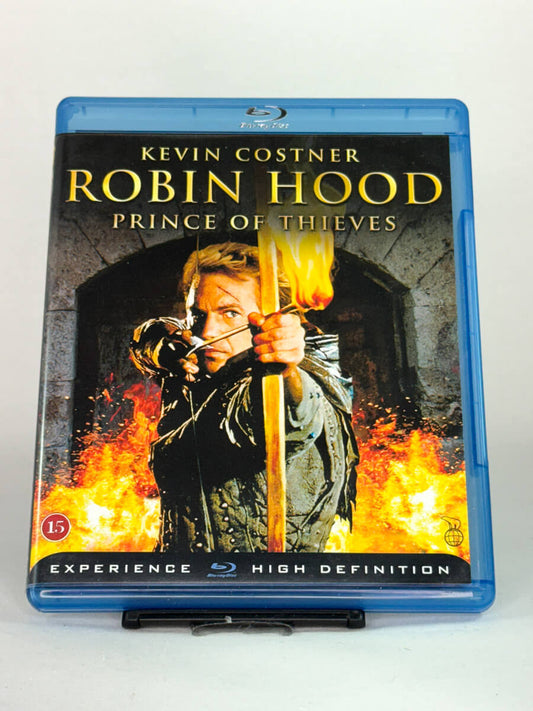 Forside av Blu-ray-cover til Robin Hood: Prince of Thieves med Kevin Costner – episk eventyrfilm med Alan Rickman og Morgan Freeman, tilgjengelig hos Brukbar Film.