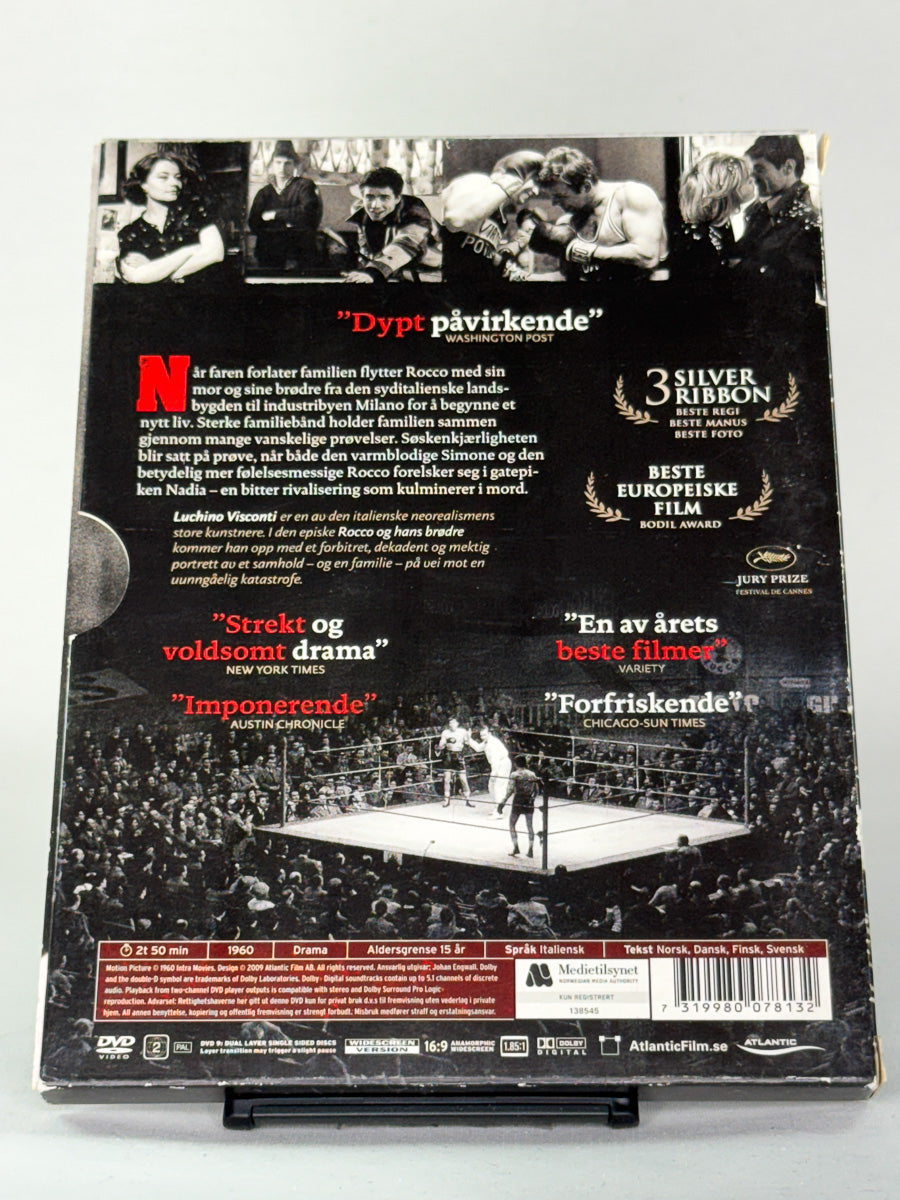 Bakside av DVD-cover til Rocco og hans brødre – brukt klassikerfilm på DVD, tilgjengelig hos Brukbar Film.