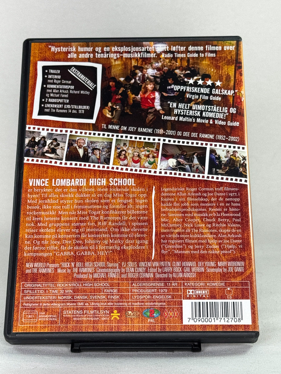 Bakside av DVD-cover til Rock ’n’ Roll High School – viser omtale, bilder og ekstramateriale, brukt DVD fra Brukbar Film.