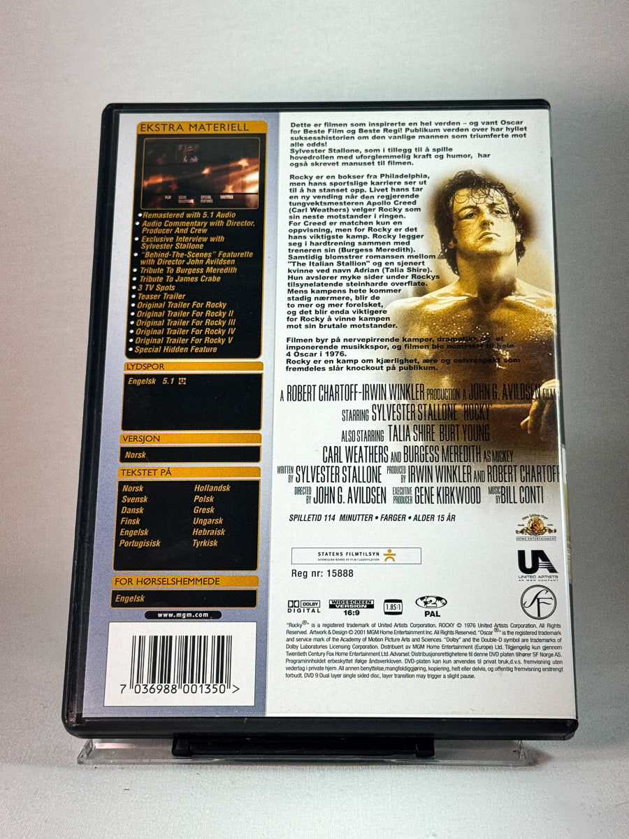 Bakside av cover til Rocky, bruktfilm på DVD hos Brukbar Film