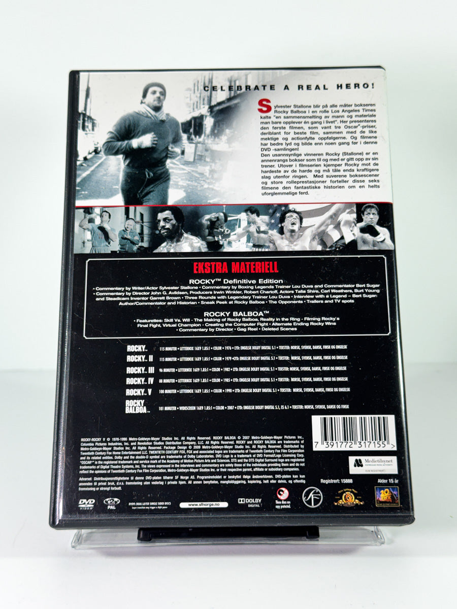 Bakside av cover til Rocky The Complete Saga, brukt original DVD hos Brukbar Film