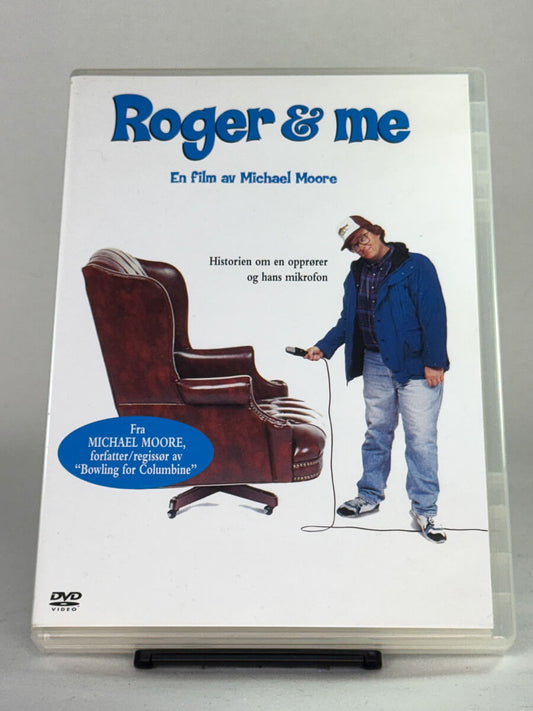 Forside av DVD-cover for Roger & Me, Michael Moores politiske dokumentar; brukt DVD og originalt filmcover hos Brukbar Film.