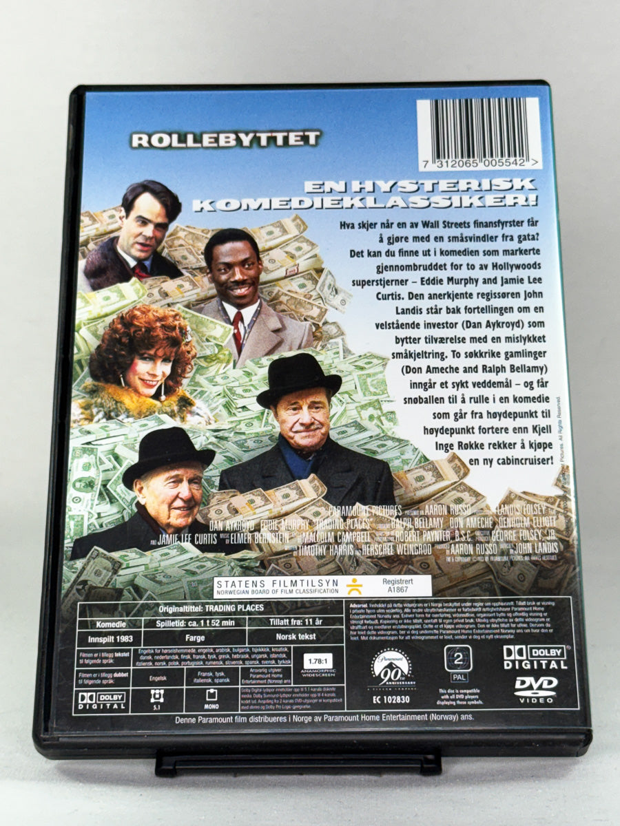 Bakside av DVD-cover til Rollebyttet (Trading Places) – brukt original DVD-film, kjøp hos Brukbar Film.