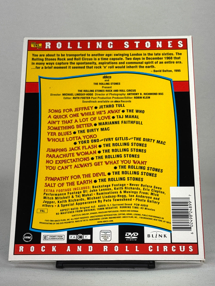 Bakside av DVD-cover til Rolling Stones: Rock and Roll Circus – brukt musikkfilm på DVD, tilgjengelig hos Brukbar Film.