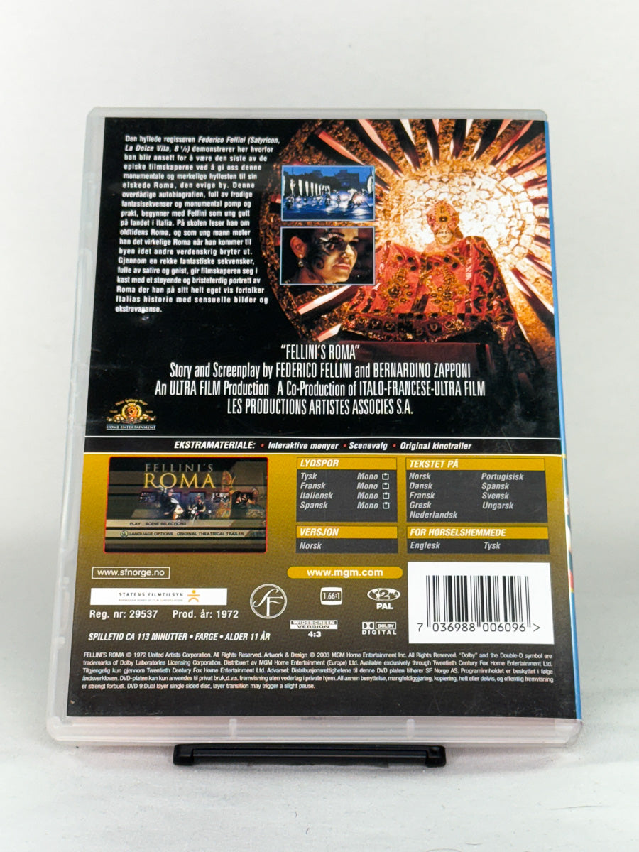 Bakside av DVD-cover til Fellinis Roma – brukt DVD-film, baksidebilde av originalcover, Brukbar Film