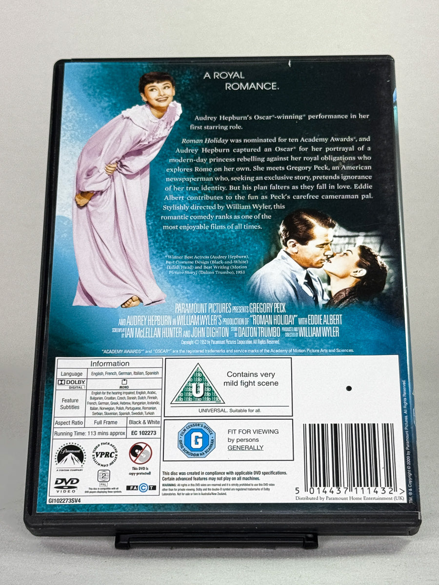 Bakside av DVD-cover til Roman Holiday – brukt romantisk klassiker på DVD, kjøp hos Brukbar Film.