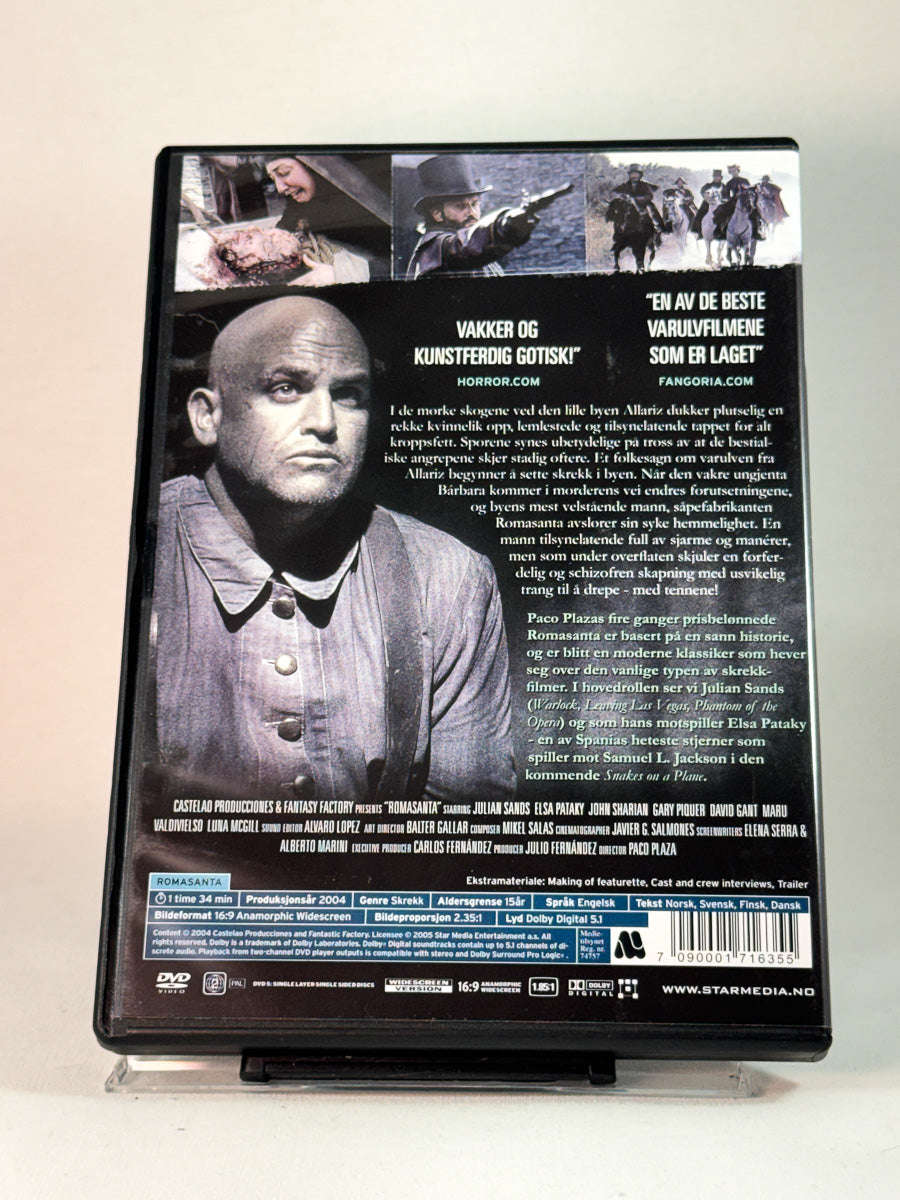 Bakside av cover til Romasanta – The Werewolf Hunt, brukt original DVD hos Brukbar Film