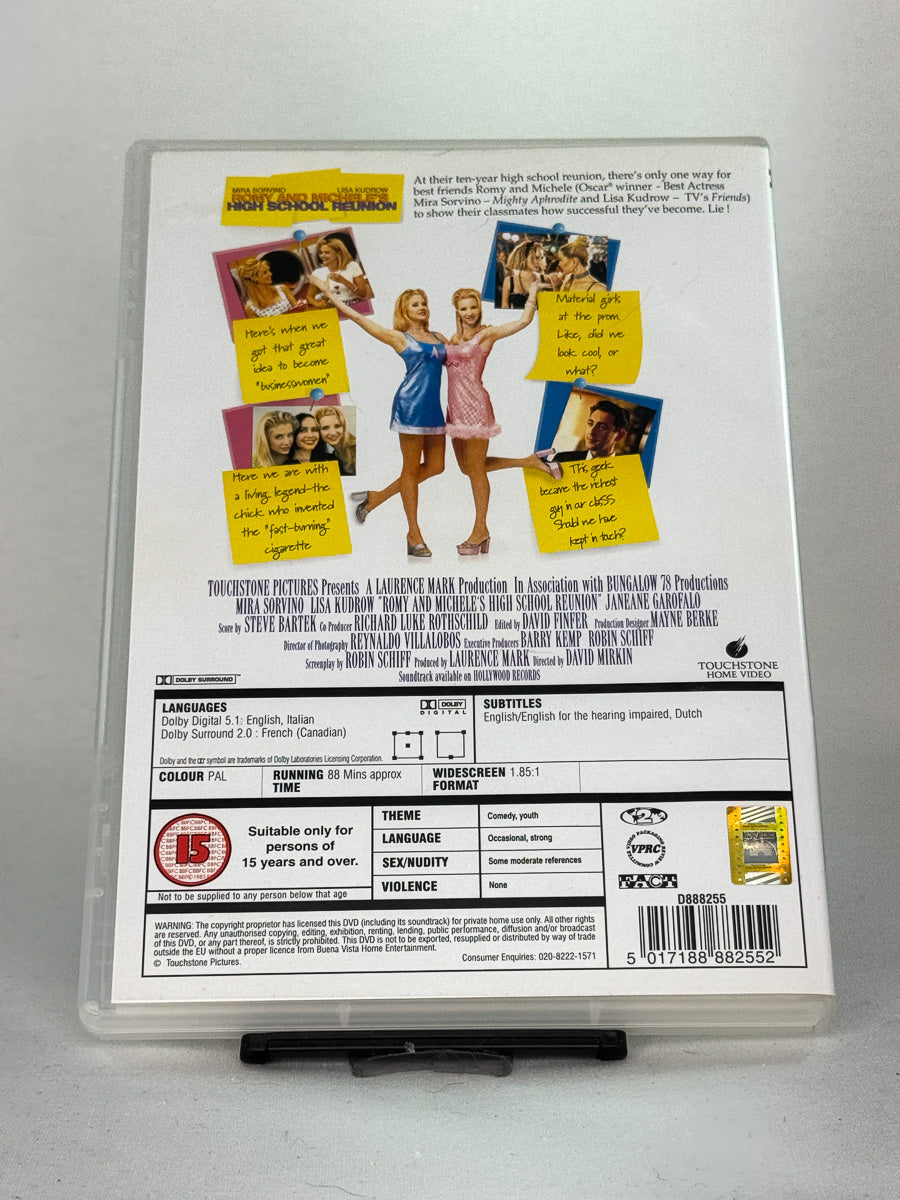 Bakside av DVD-cover til Romy and Michele’s High School Reunion, bruktfilm hos nettbutikken Brukbar Film