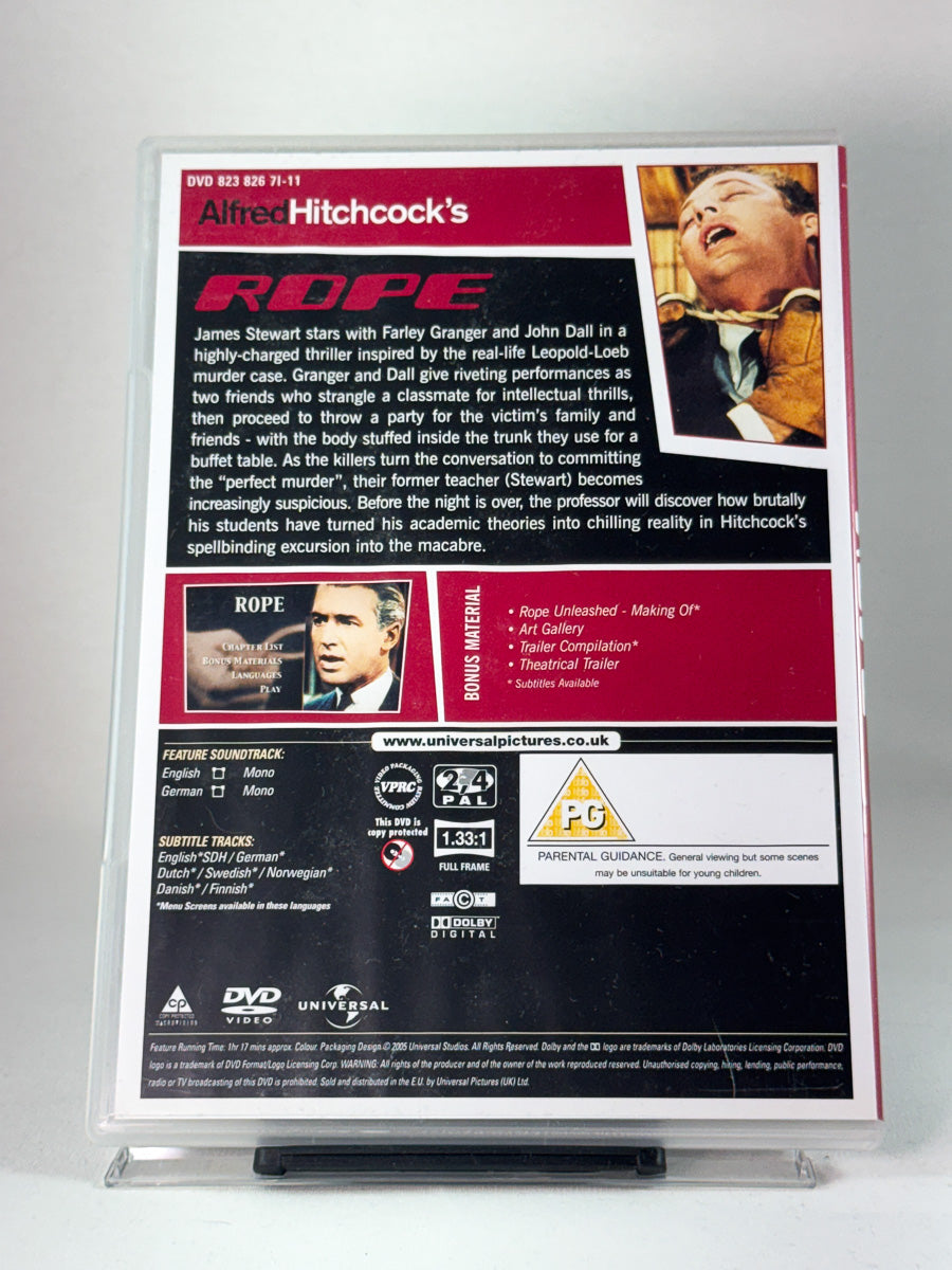 Bakside av DVD-cover for Rope – mesterlig spenning og psykologisk spill, brukt DVD hos Brukbar Film.