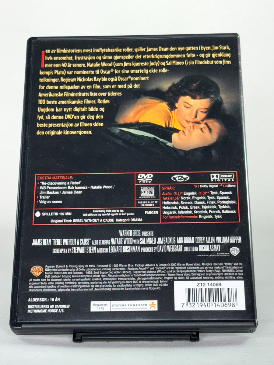 Bakside av DVD-cover til Rotløs ungdom (Rebel Without a Cause) – ikonisk ungdomsfilm på brukt DVD, kjøp hos Brukbar Film.