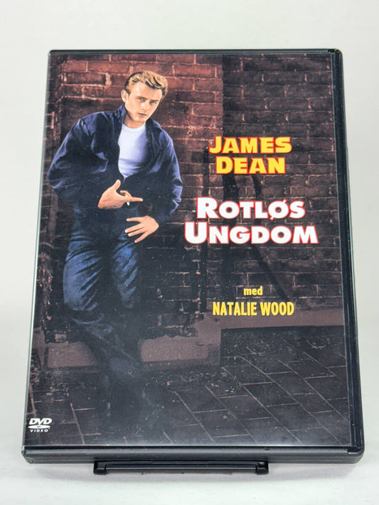 Forside av DVD-cover til Rotløs ungdom (Rebel Without a Cause) – James Dean-klassiker på brukt DVD hos Brukbar Film.