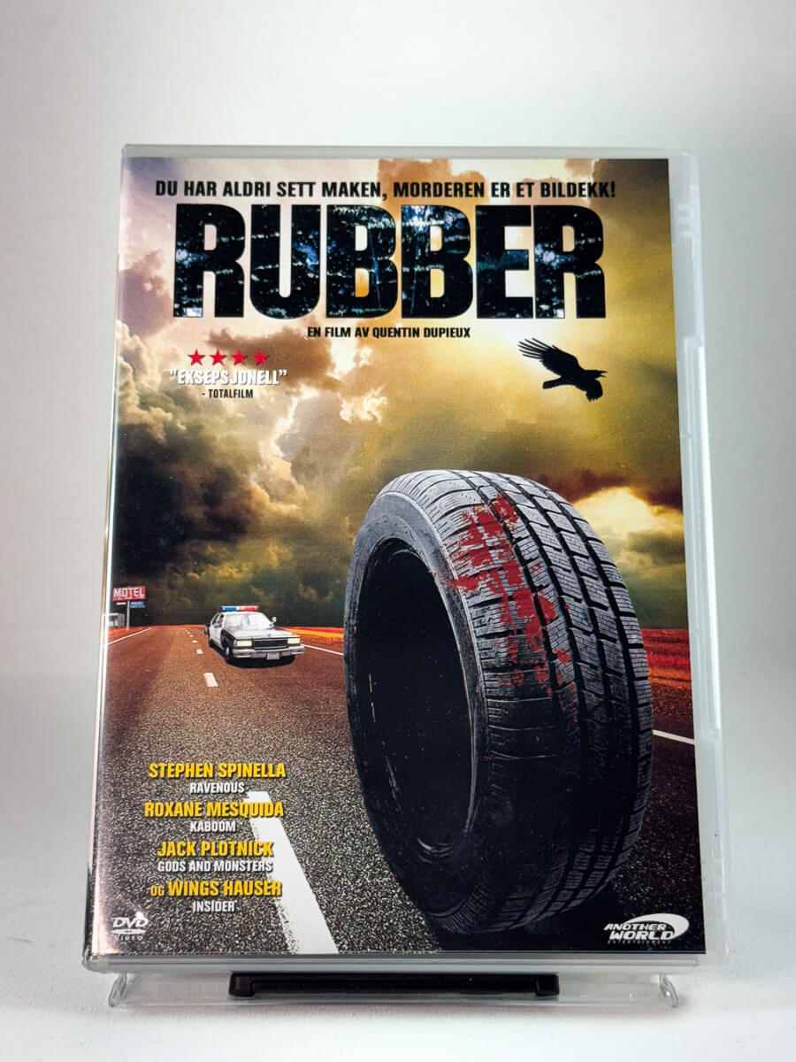 Forside av DVD-cover til Rubber, bruktfilm hos Brukbar Film