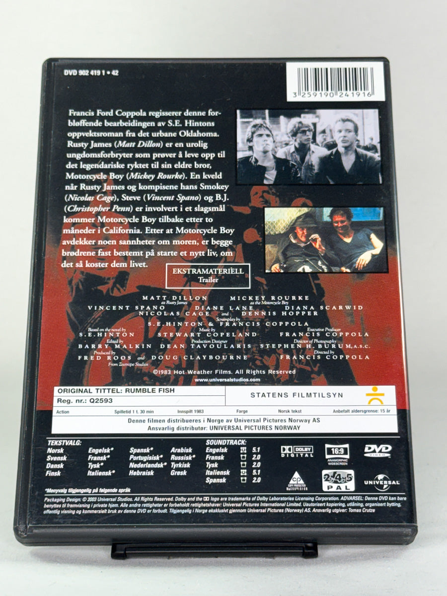 Bakside av DVD-cover til Rumble Fish – brukt kultklassiker på DVD, tilgjengelig hos Brukbar Film.
