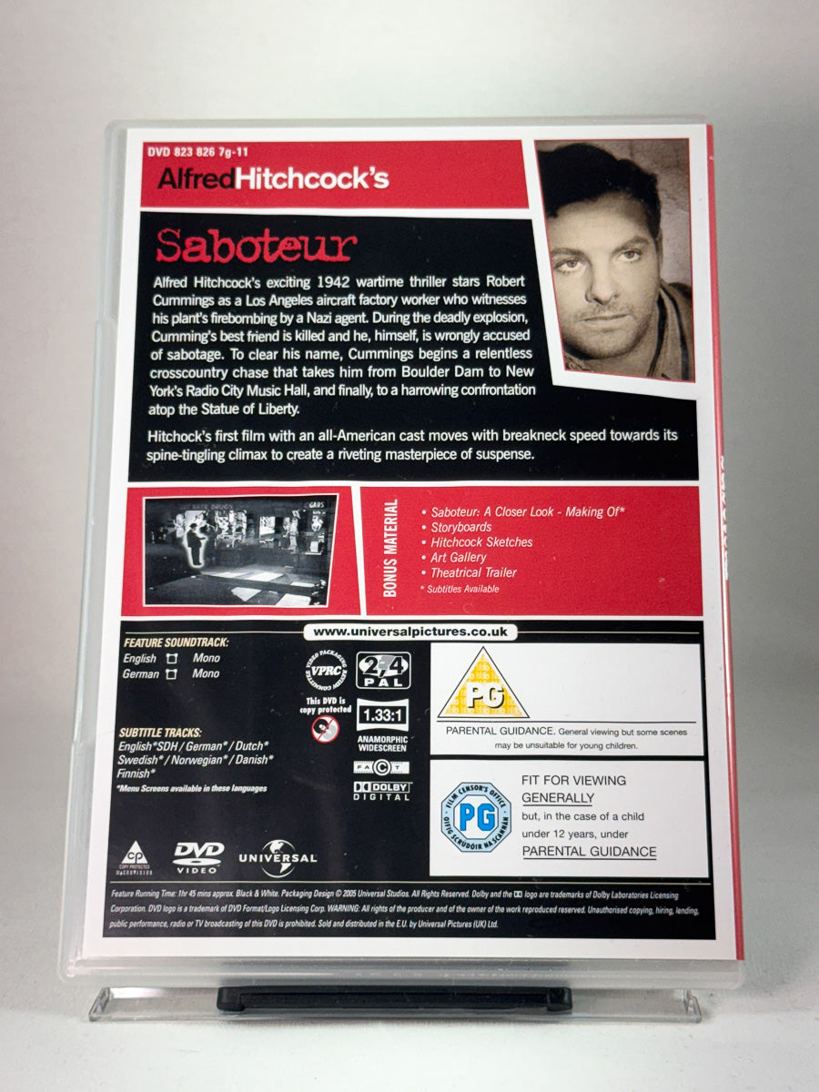 Bakside av DVD-cover for Saboteur – klassisk spenning med patriotiske undertoner, brukt DVD hos Brukbar Film.