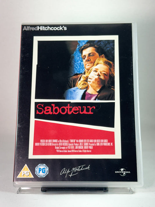 Forside av DVD-cover til Saboteur – actionfylt spionthriller fra Alfred Hitchcock, brukt film hos Brukbar Film.
