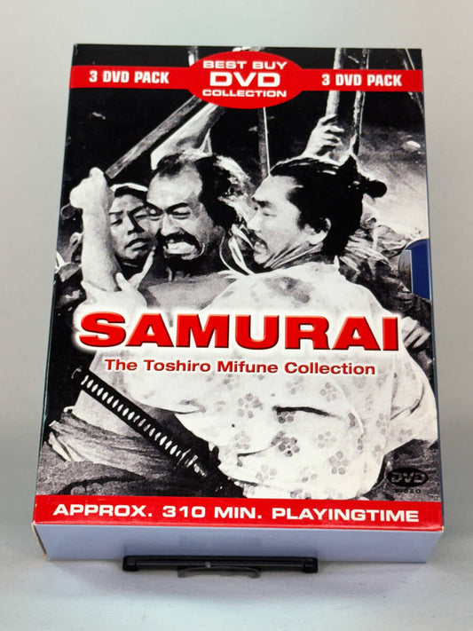 Forside av DVD-boksen Samurai – The Toshiro Mifune Collection, klassiske japanske filmer med Toshiro Mifune – brukt originalfilm hos Brukbar Film.